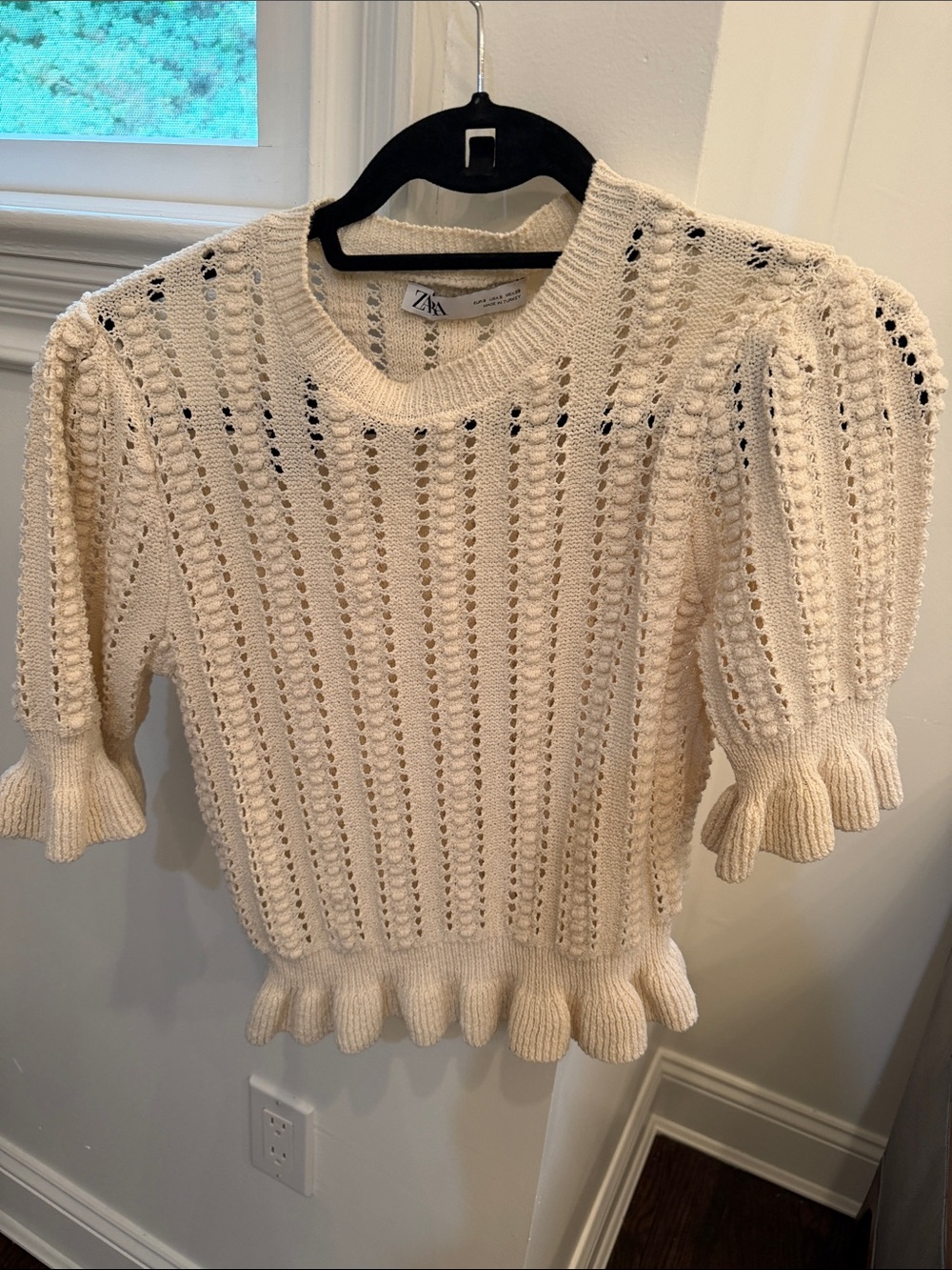 ZARA Cream Open-Knit Puff Sleeve Sweater